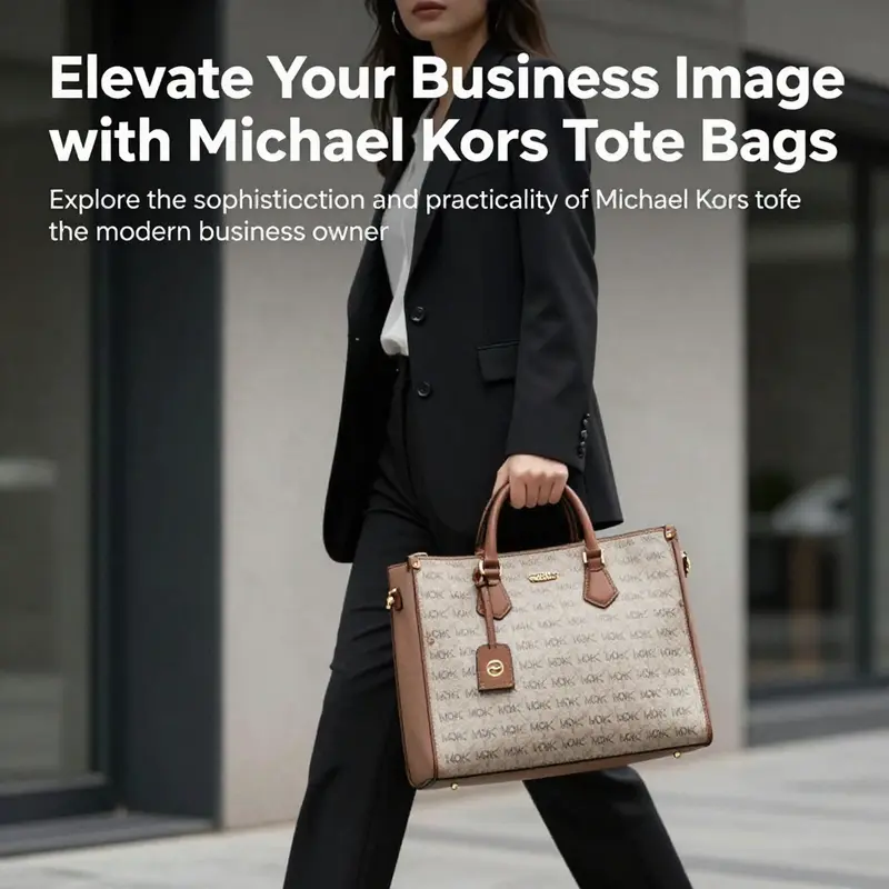 A professional woman with a Michael Kors tote bag walking confidently in a city setting, representing elegance and functionality.