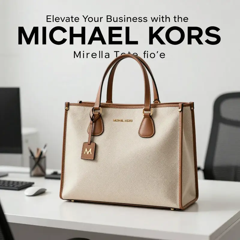 An aesthetically pleasing image of the MICHAEL KORS cloth tote in a minimalist office environment.