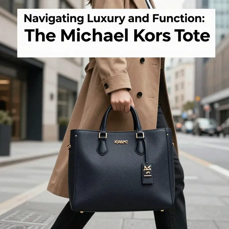 An individual confidently carrying a Michael Kors tote bag in a modern city environment.