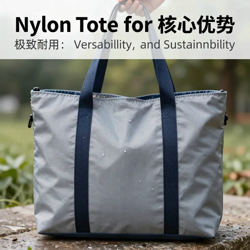 Demonstrating the water-resistant capability of a nylon tote bag in a rainy outdoor setting.