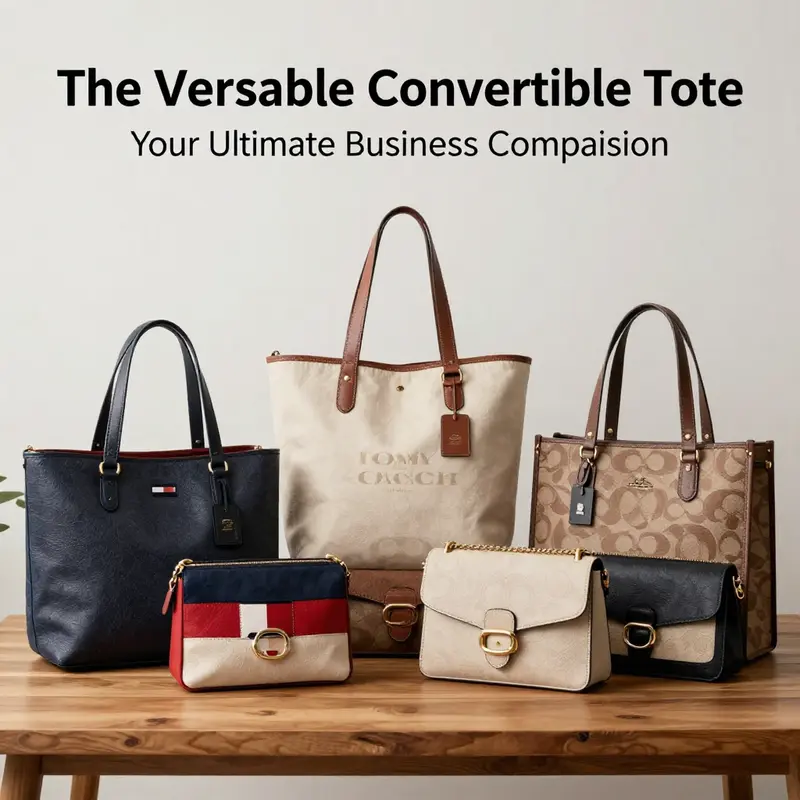 Models exhibiting the diverse design features and functionalities of a convertible tote bag in a modern office environment.
