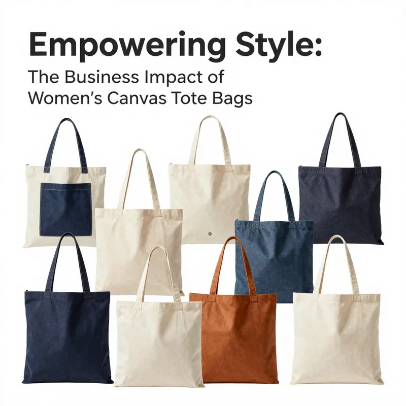 A professional woman showcasing a canvas tote bag’s stylish versatility in a business setting.