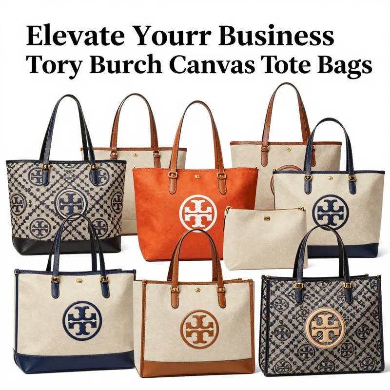 A selection of Tory Burch canvas tote bags illustrating their unique designs and premium materials.