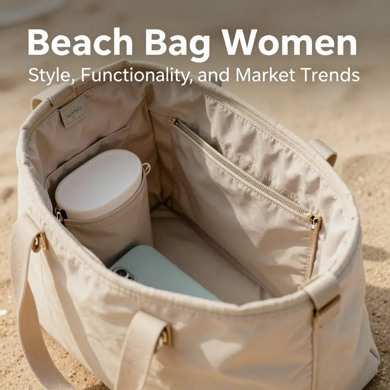 A vibrant collection of women’s beach bags featuring various materials and design styles.