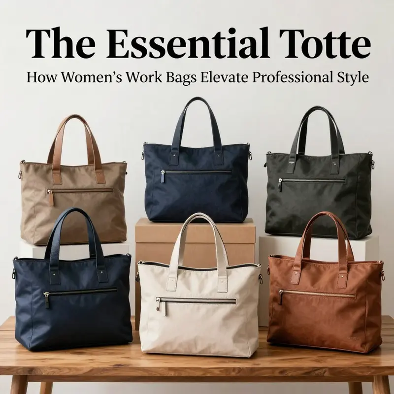 A stylish professional demonstrates the utility and elegance of a women’s work tote bag in a modern office environment.