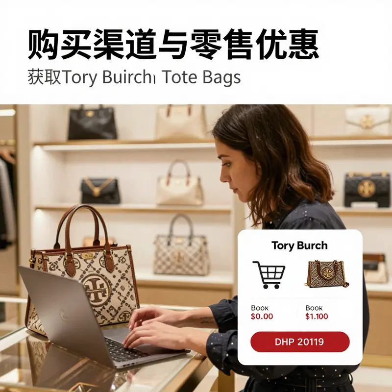 Variety of Tory Burch tote bags represented in an elegant office environment.