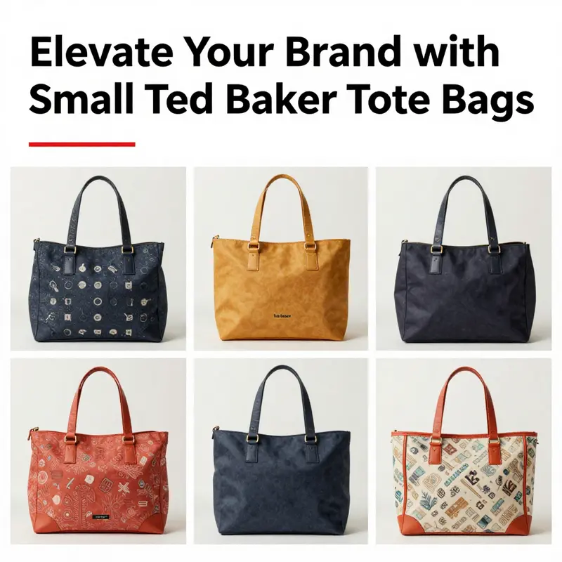 A creative display of various small Ted Baker tote bags, highlighting diverse patterns and colors in a minimalist setting.