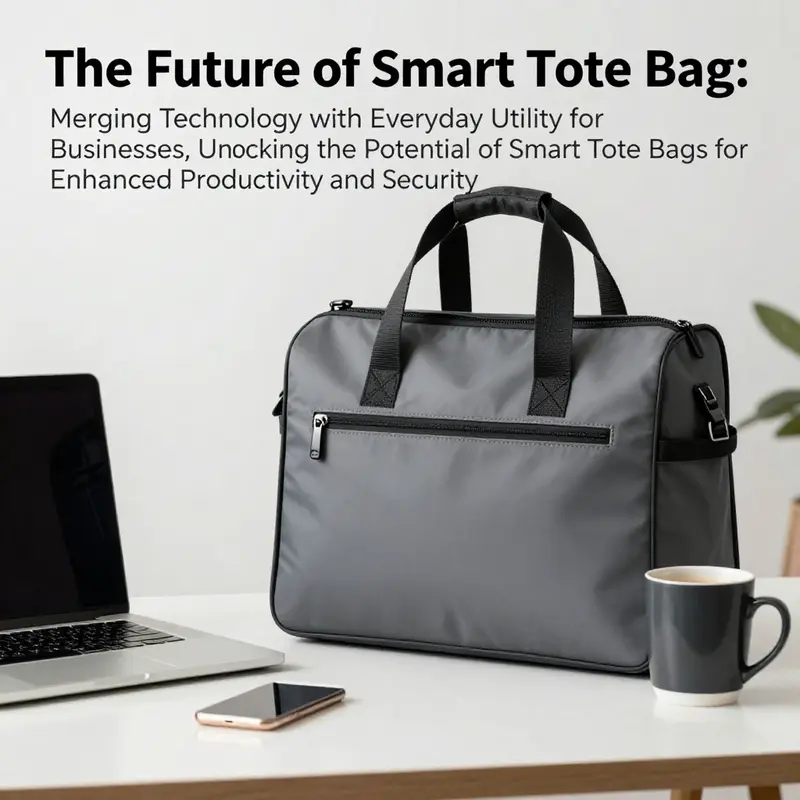 A modern smart tote bag placed on a desk alongside a laptop and coffee mug.