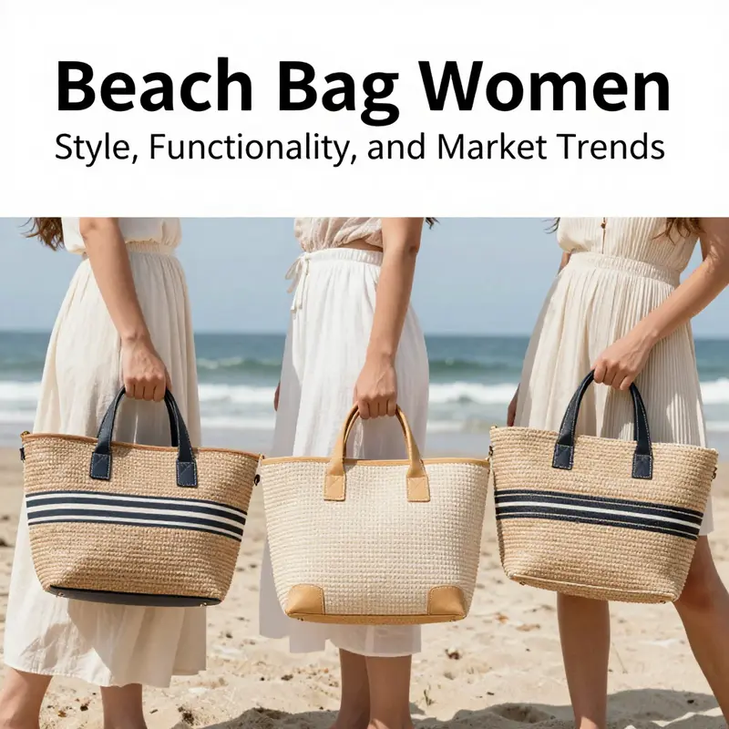 A vibrant collection of women’s beach bags featuring various materials and design styles.