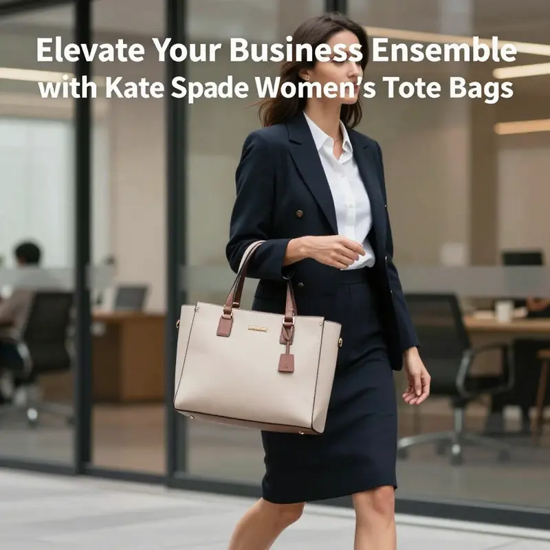 A professionally dressed woman carrying a Kate Spade tote bag, walk through an upscale office corridor.