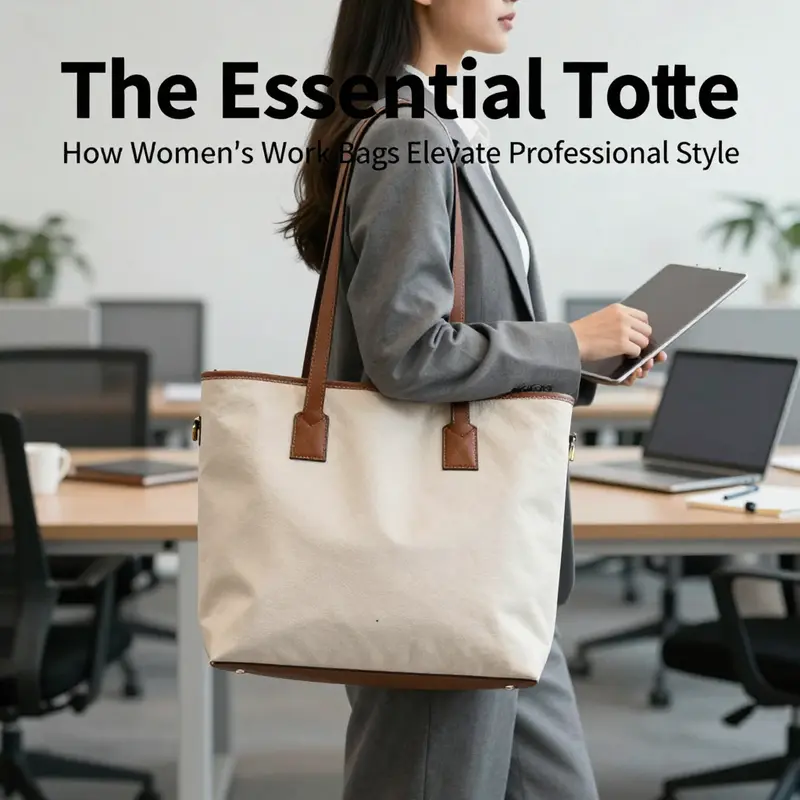 A stylish professional demonstrates the utility and elegance of a women’s work tote bag in a modern office environment.