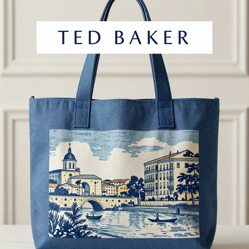 The intricate design features of the Ted Baker canvas tote highlighting its quality and unique aesthetics.