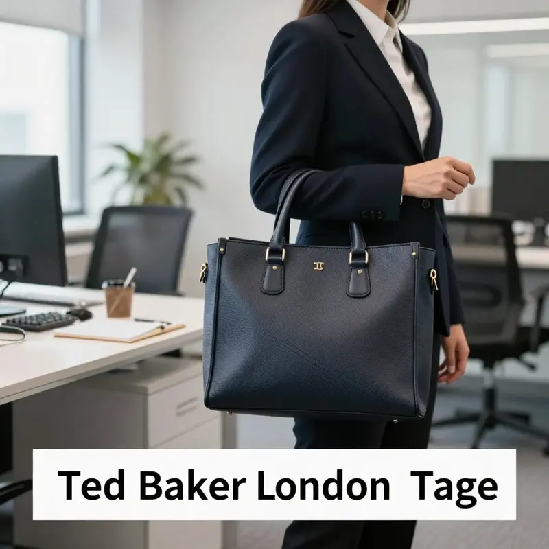 A professional showcasing the Ted Baker London Tote bag in a modern office space.