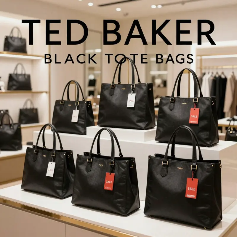 A detailed view of Ted Baker’s black tote bag, highlighting its luxurious design features.