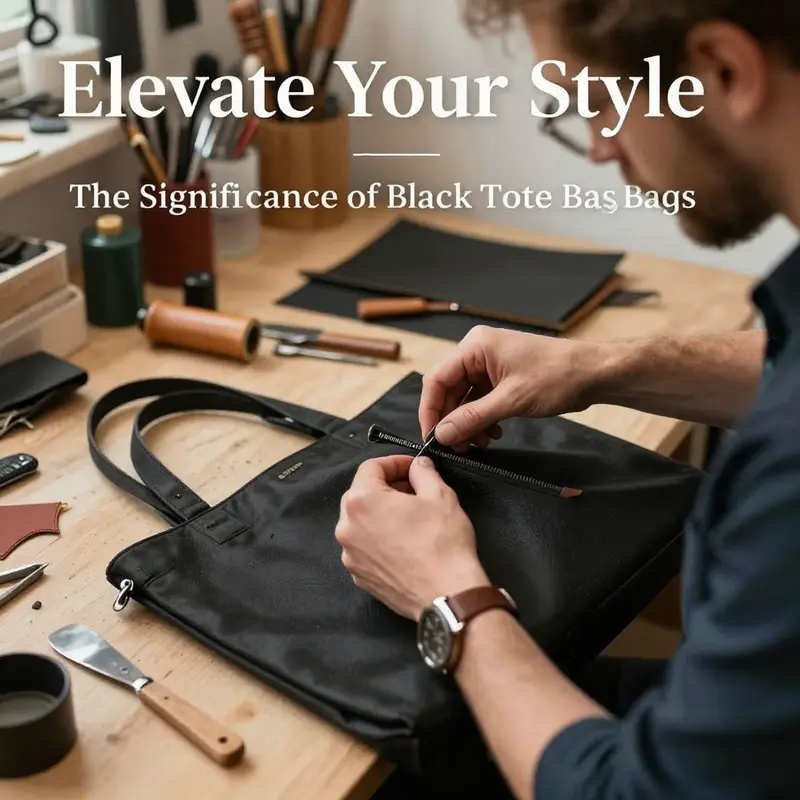 A detailed view of Ted Baker’s black tote bag, highlighting its luxurious design features.