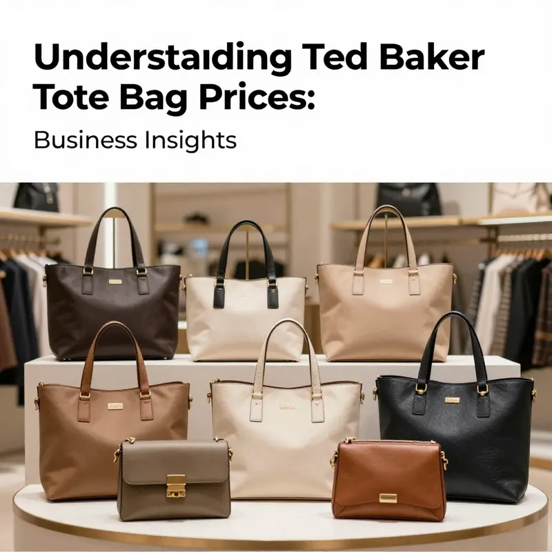 A display showcasing the variety and pricing range of Ted Baker tote bags.