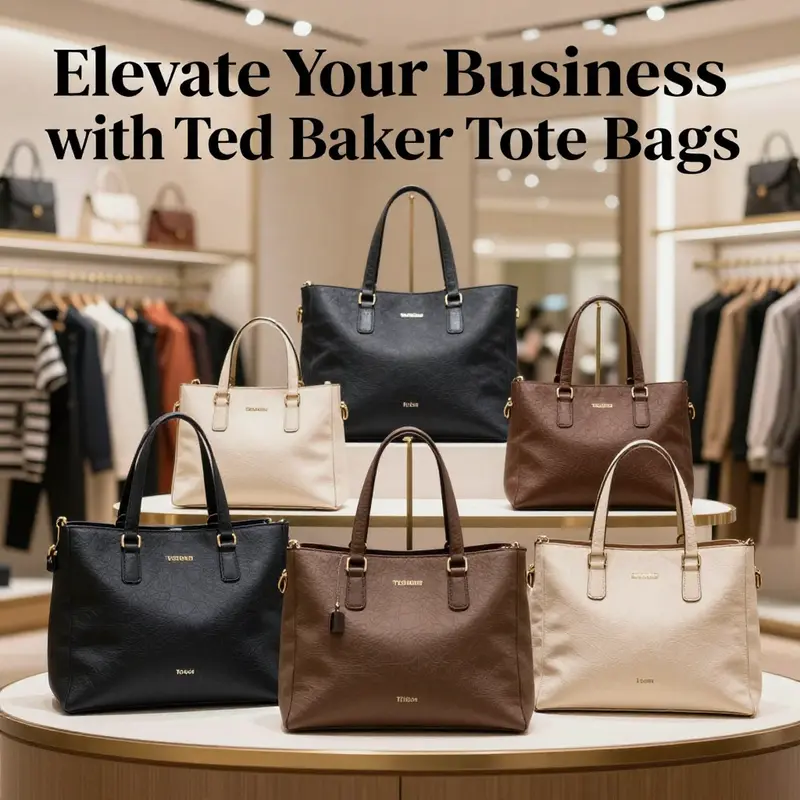 A chic arrangement of Ted Baker tote bags in a retail setting, showcasing their stylish designs and functional features.