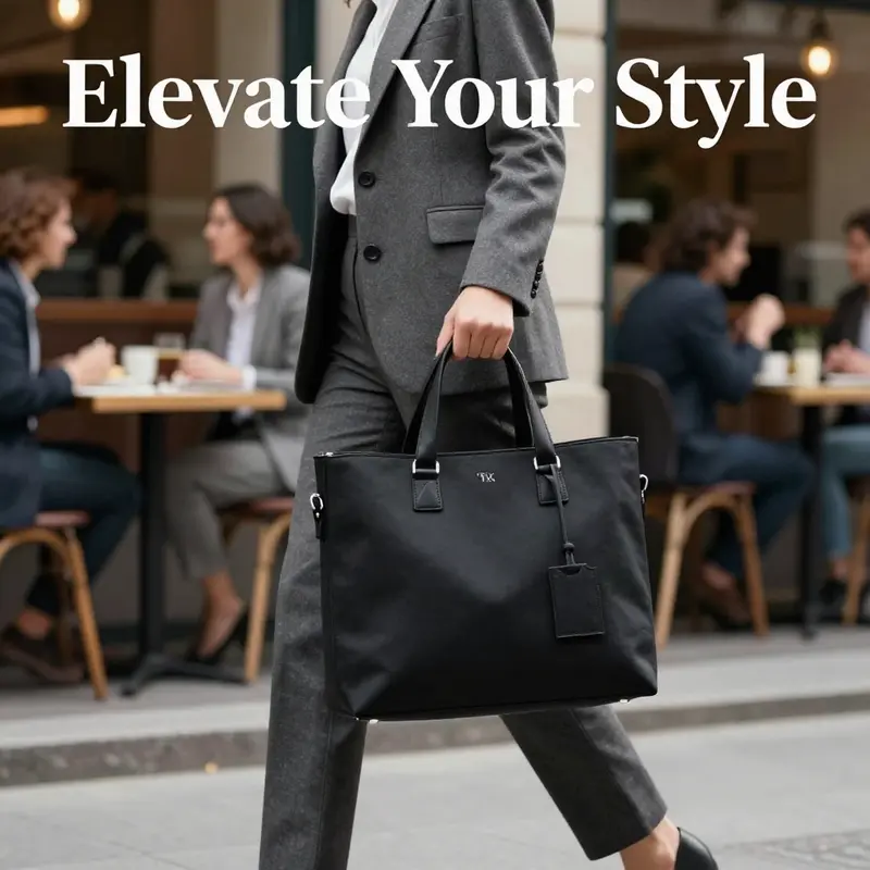 A detailed view of Ted Baker’s black tote bag, highlighting its luxurious design features.