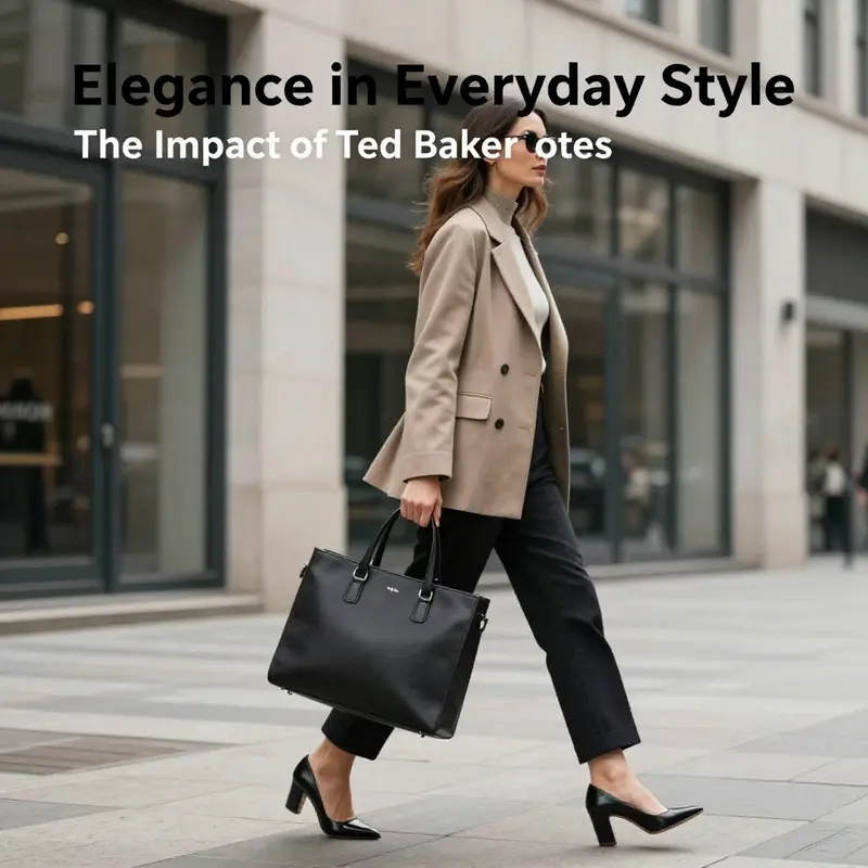A stylish woman confidently walking with a Ted Baker tote, set against a chic urban environment.