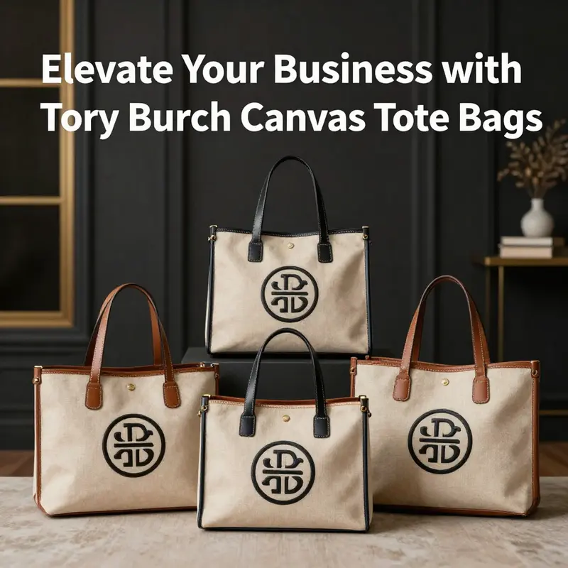 An elegant array of Tory Burch canvas tote bags presented in a stylish setting.