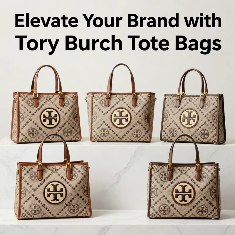A beautiful arrangement of Tory Burch tote bags showcasing various designs and colors on a luxurious marble backdrop.