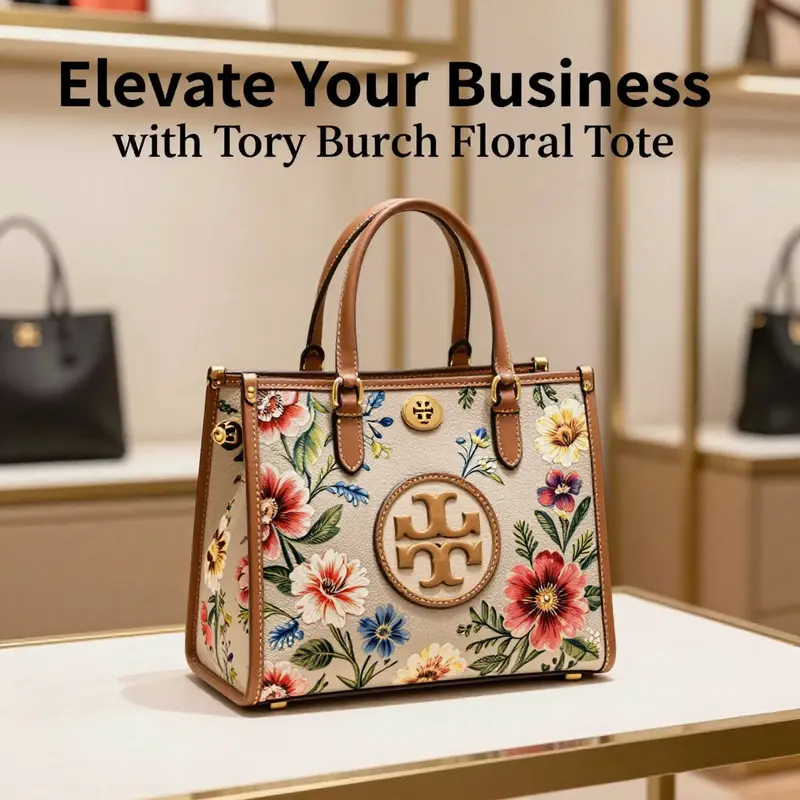 The Tory Burch Ella floral tote displayed elegantly on a luxury backdrop, representing the brand's chic aesthetic.