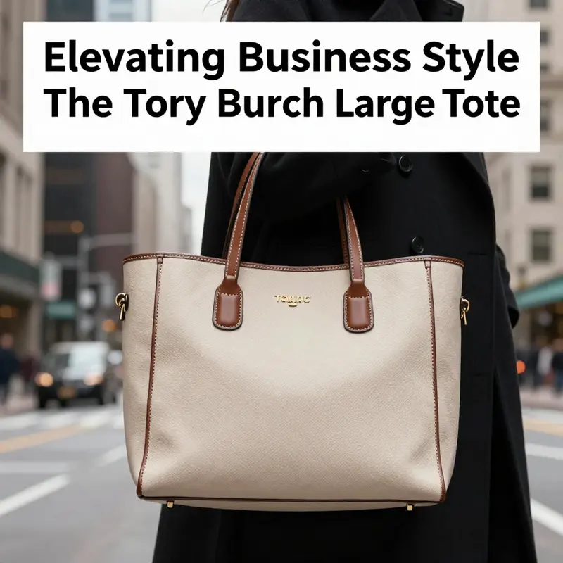 A Tory Burch Large Tote displayed in an urban business environment, reflecting style and practicality.