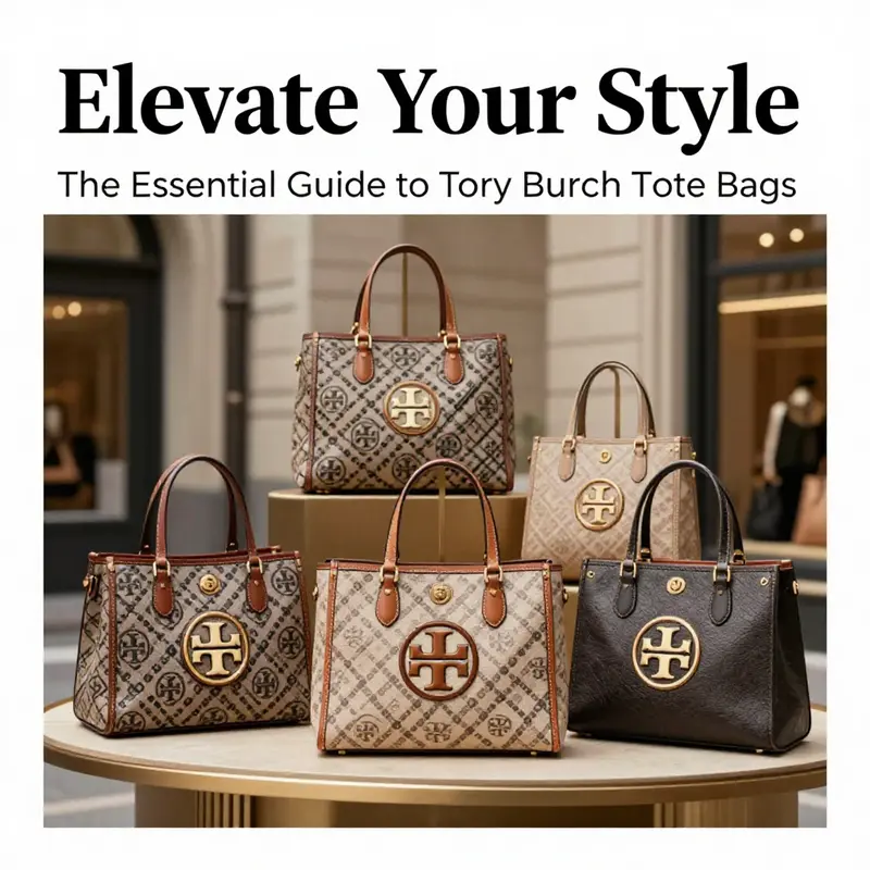 An elegant arrangement of Tory Burch tote bags displayed in a chic urban setting, showcasing various styles.