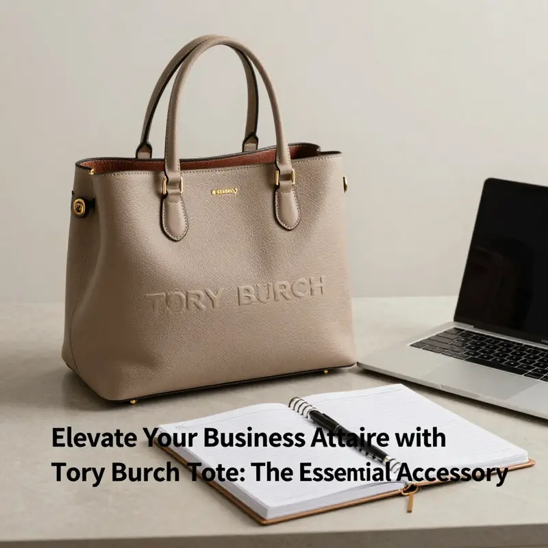A sophisticated Tory Burch tote alongside business essentials in a professional setting, symbolizing elegance and functionality.