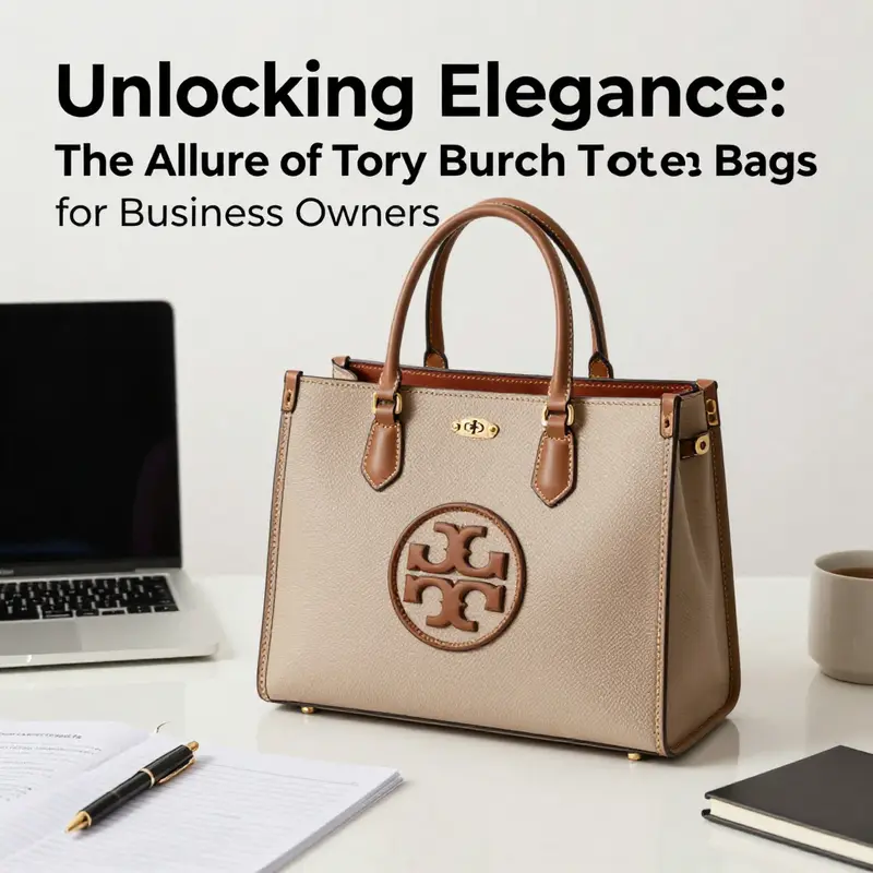 A Tory Burch tote bag elegantly displayed on a workspace with a laptop and office supplies.
