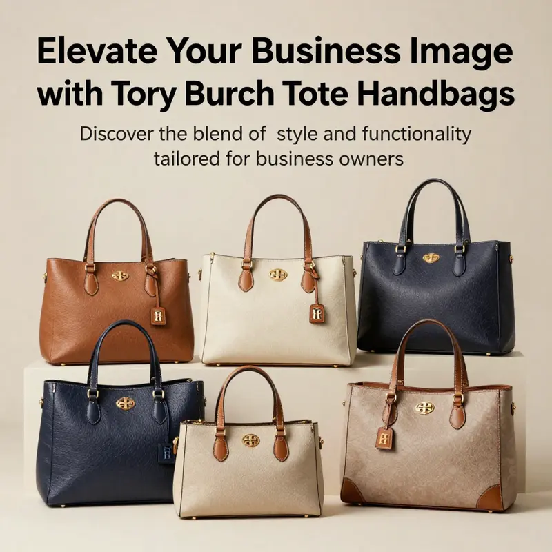 An assortment of Tory Burch tote handbags arranged beautifully to illustrate their design variety.