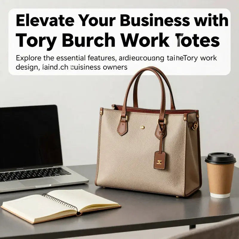 Tory Burch work tote and professional accessories displayed on a work desk.
