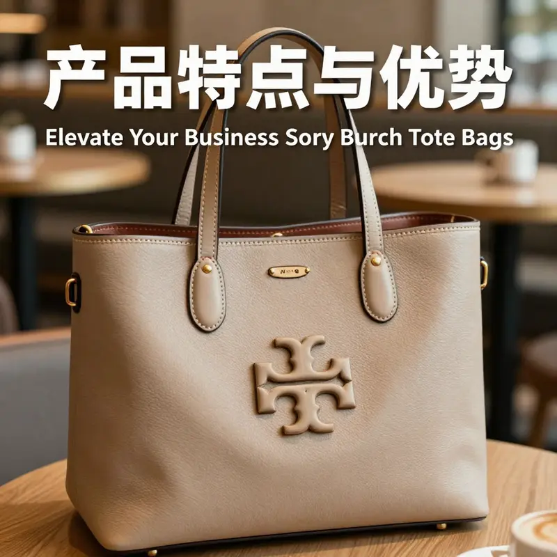 Variety of Tory Burch tote bags represented in an elegant office environment.