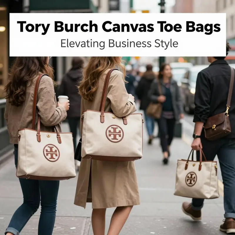 An elegant arrangement of Tory Burch canvas tote bags highlights their diverse designs.