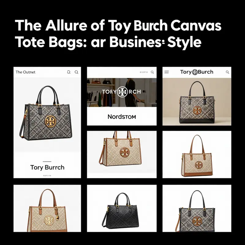 An elegant arrangement of Tory Burch canvas tote bags highlights their diverse designs.