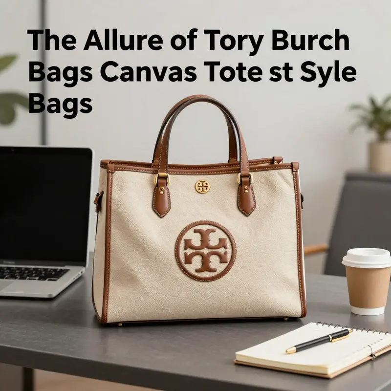 A Tory Burch canvas tote bag on an office desk among business items, symbolizing professionalism and style.