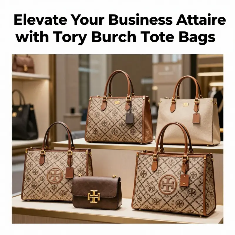 Various Tory Burch tote bags displayed in an elegant urban setting.