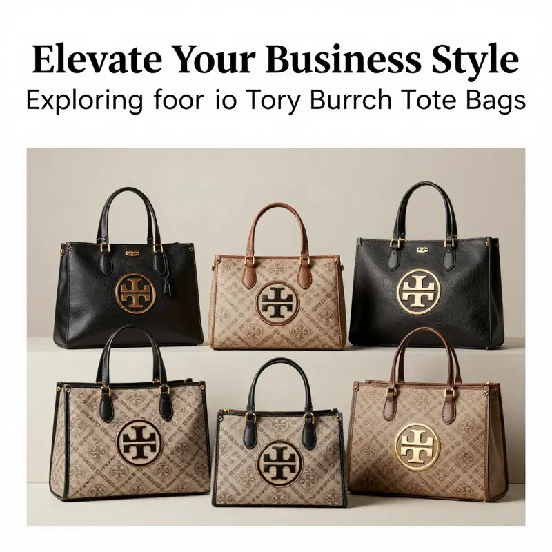 Collection of Tory Burch tote bags displayed in an elegant, minimalist setting.