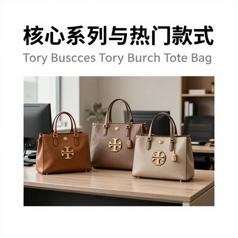 Variety of Tory Burch tote bags represented in an elegant office environment.