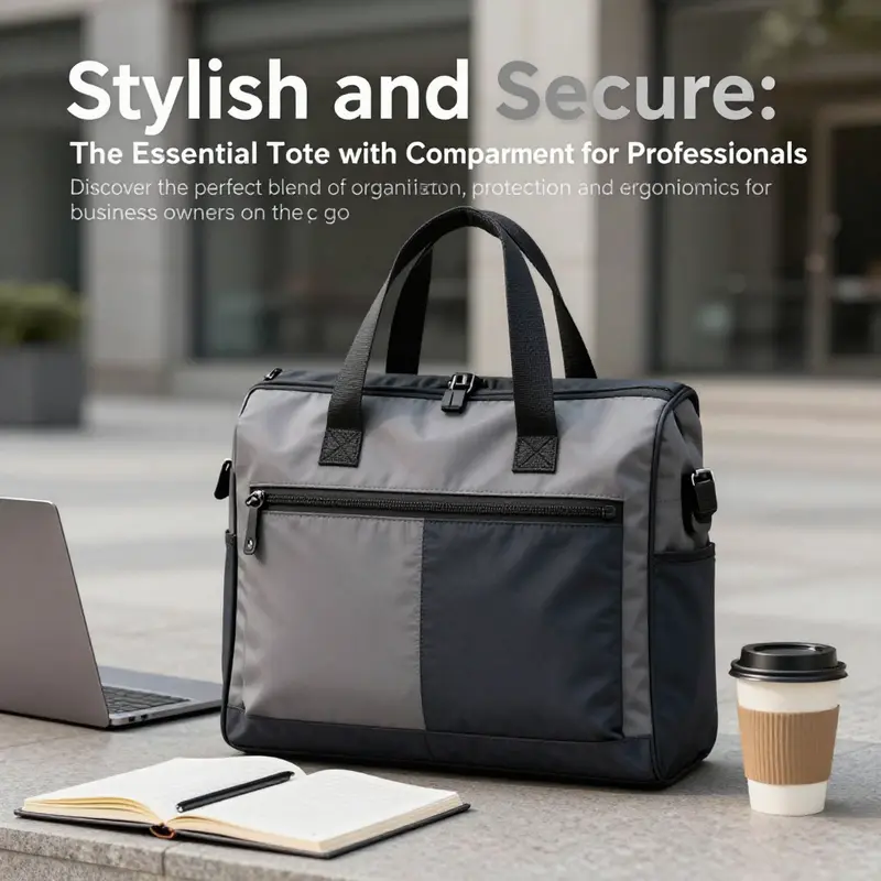 A modern tote with a laptop compartment and business items in an urban environment.
