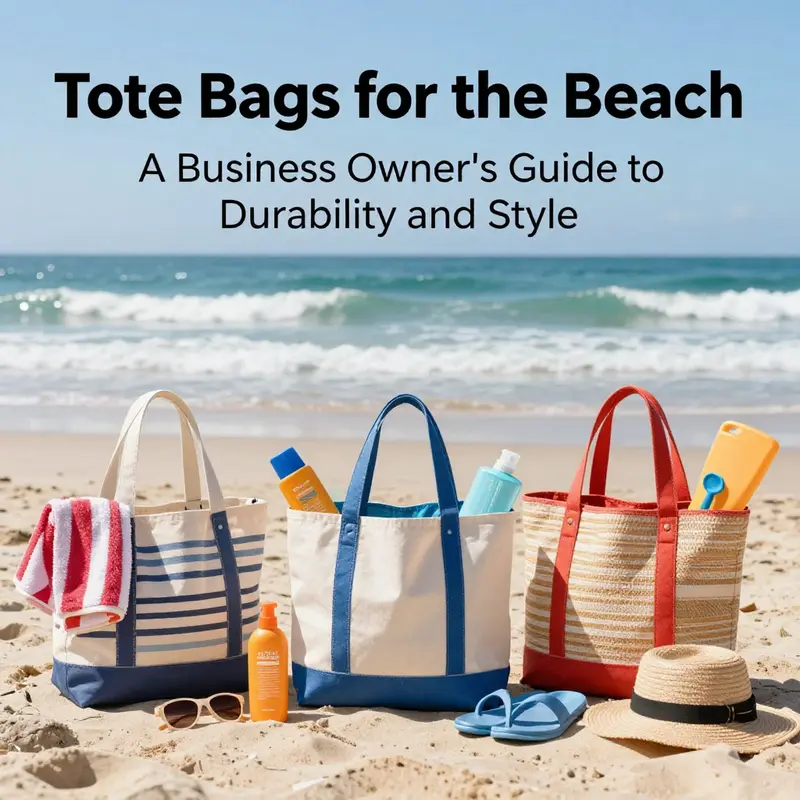 A beach scene with colorful tote bags filled with beach essentials, encapsulating the essence of summer fun.