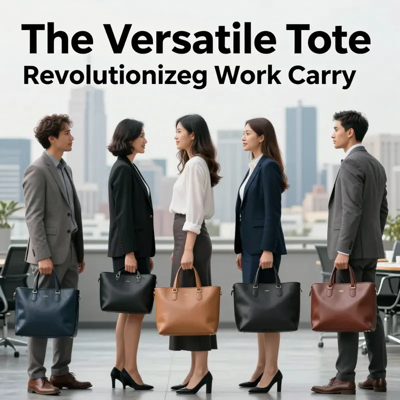 Professionals in a corporate setting showcasing a variety of stylish tote bags, blending modern aesthetics with professionalism.