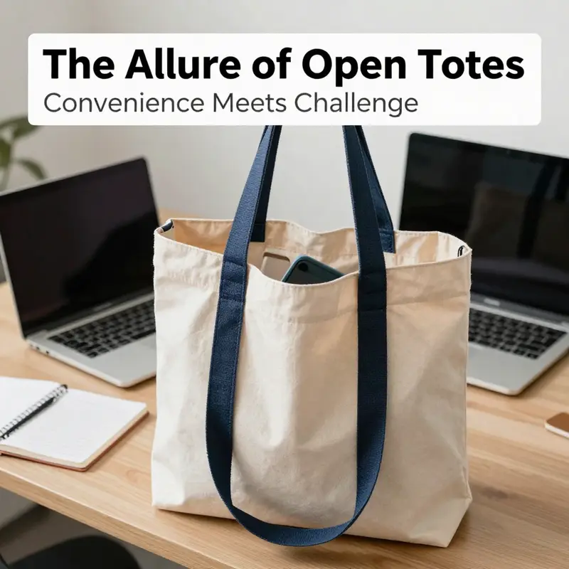 An open tote bag showcasing its convenience and accessibility in a modern office environment.