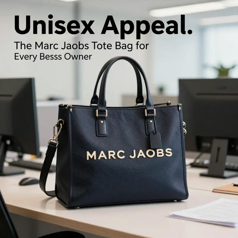 A Marc Jacobs unisex tote bag displayed in a professional office setting, illustrating its stylish and functional design.