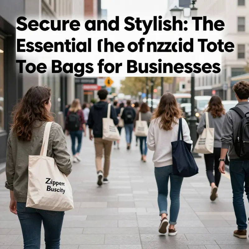 A vibrant urban scene featuring individuals with zippered tote bags, representing security and style in city life.