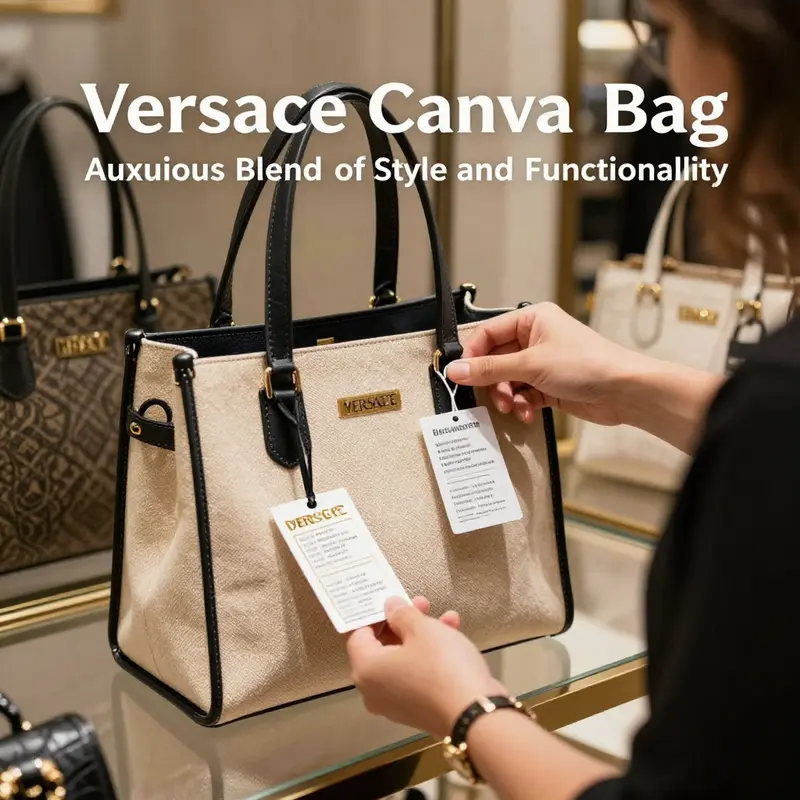Detailed look at the design elements of a Versace canvas bag.
