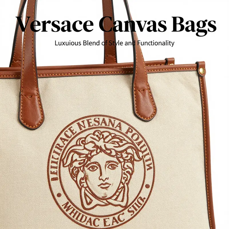 Detailed look at the design elements of a Versace canvas bag.