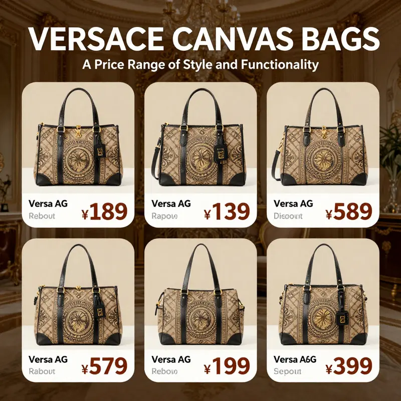 Detailed look at the design elements of a Versace canvas bag.