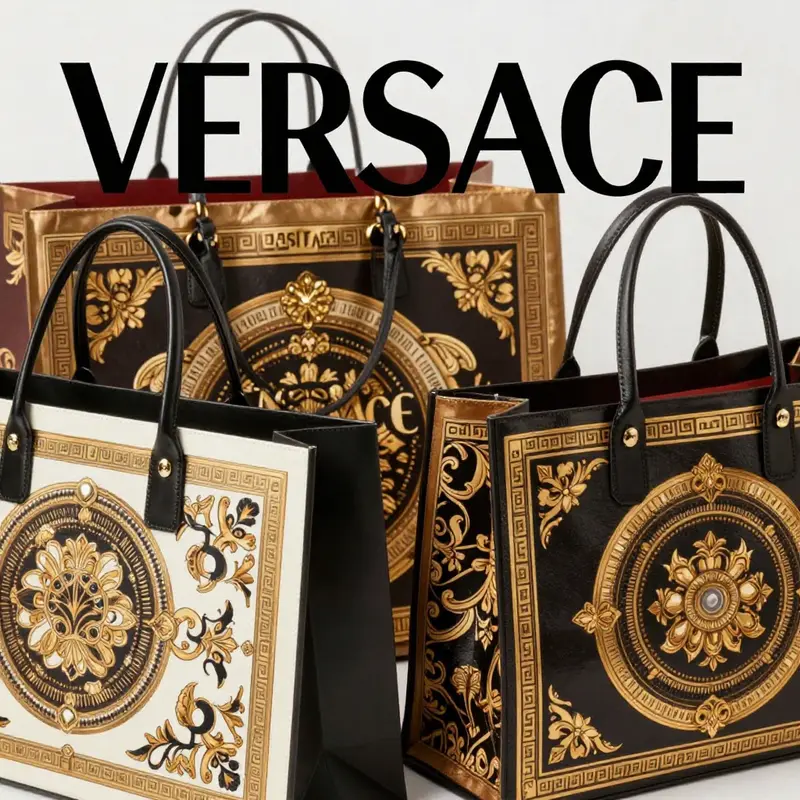A collection of Versace shopping bags highlighting the brand’s luxurious style and emblematic designs.