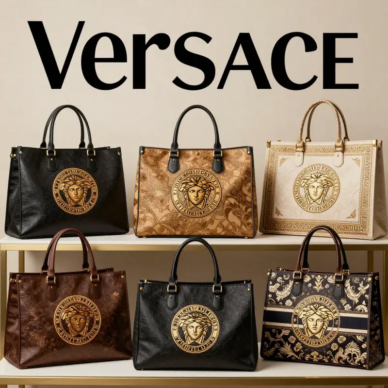A collection of Versace shopping bags highlighting the brand’s luxurious style and emblematic designs.